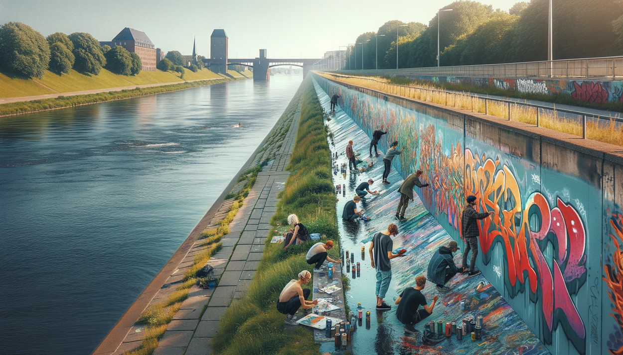dalle 2024 03 26 19.51.47 create a wide image that focuses on bremens youthful subculture along the banks of the weser river without showing many people. imagine a serene yet 87453