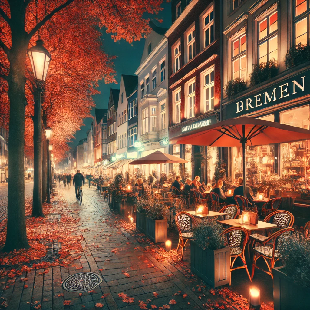 dalle 2024 09 23 10.22.11 an evening street scene in bremen during autumn with cozy outdoor cafes people walking by and soft lighting. the trees are shedding colorful leaves 54668